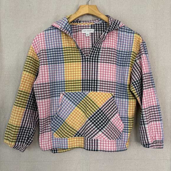Free Assembly Women Seersucker Plaid Cropped Hoodie‎ Top Size L Colorful Preppy - Picture 1 of 8